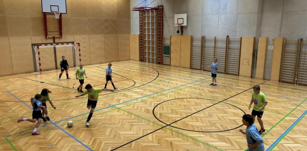 Teamfoto Spielerinnen und Spieler in der Halle beim Fußballspielen